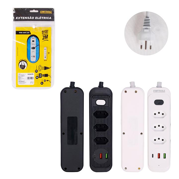 SR1014 - EXTENSÃO ELÉTRICA 2M BIVOLT 3 TOMADAS 2USB 1USBC CX36