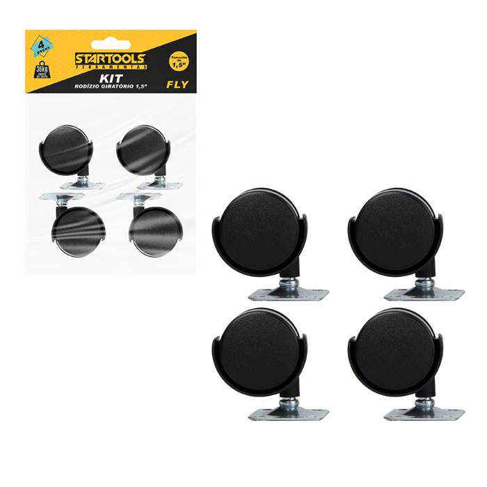 SR0489  - KIT DE RODÍZIO GIRATÓRIO PRETO 1,5" C/4PCS CX24