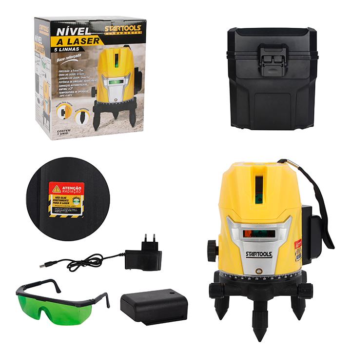 SR1296 - KIT NIVEL A LASER 5 LINHAS, COM OCULOS, CAIXA, CARREGADOR, BASE REFORÇADA, 1200MAH CX4