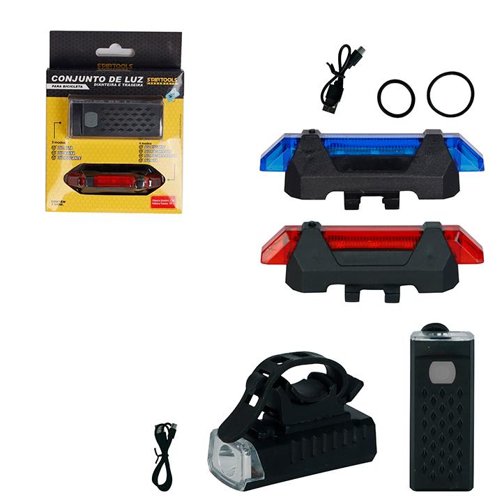 SR1048 - CONJUNTO DE LUZ PARA BICICLETA (LUZ DIANTEIRA 3,7V~ 3,7W + TRASEIRA 3,7V~ 1W) CX48