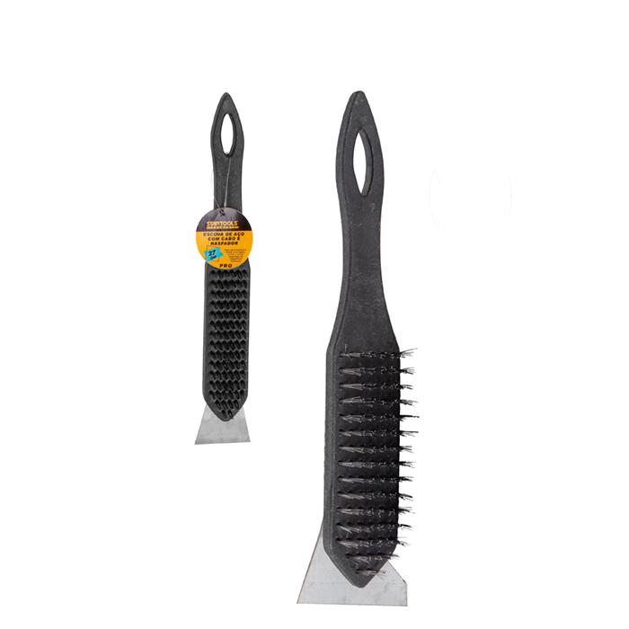 SR0466 - ESCOVA DE ACO 6 FILEIRAS C/RASPADOR E CABO DE PLASTICO PRETA CX120 - 10X12