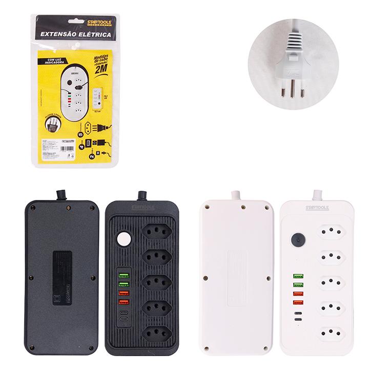 SR1017 - EXTENSÃO ELÉTRICA 2M BIVOLT 5 TOMADAS 4USB 2USBC CX24