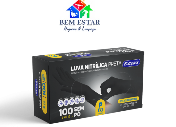 Luva Nitrilica Preta Tam P Sem Pó c/100 - BomPack
