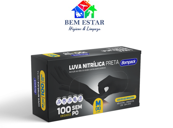 Luva Nitrilica Preta Tam M Sem Pó c/100 - BomPack
