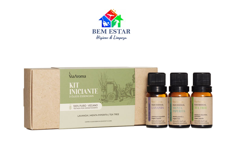 Kit 3 Óleos Essenciais Iniciante Via Aroma - Lavanda, Menta Piperita e Tea Tree