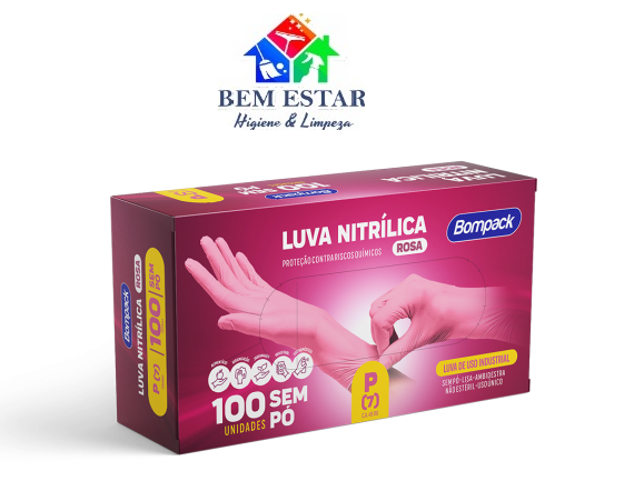 Luva Nitrílica Rosa Tam P Sem Pó c/ 100 - BomPack