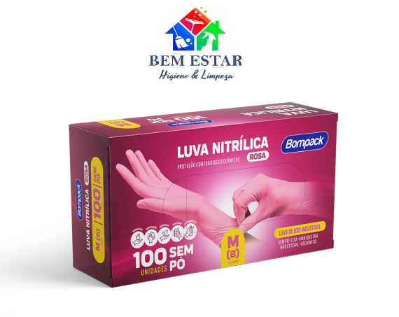 Luva Nitrílica Rosa Tam M Sem Pó c/ 100 - BomPack