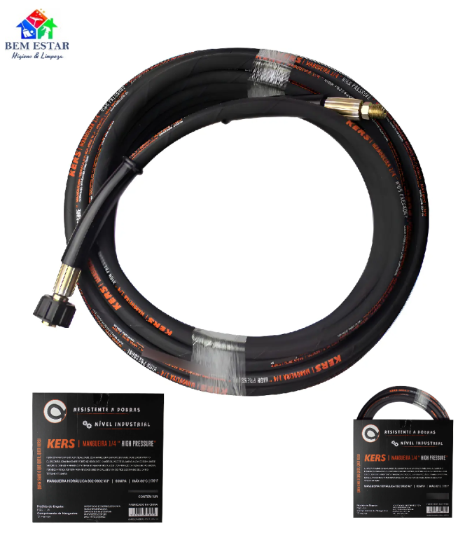 Mangueira Trama Aço p/ Lavadoras Alta Pressão 12mt (M22 fêmea X 1/4 macho) - Kers