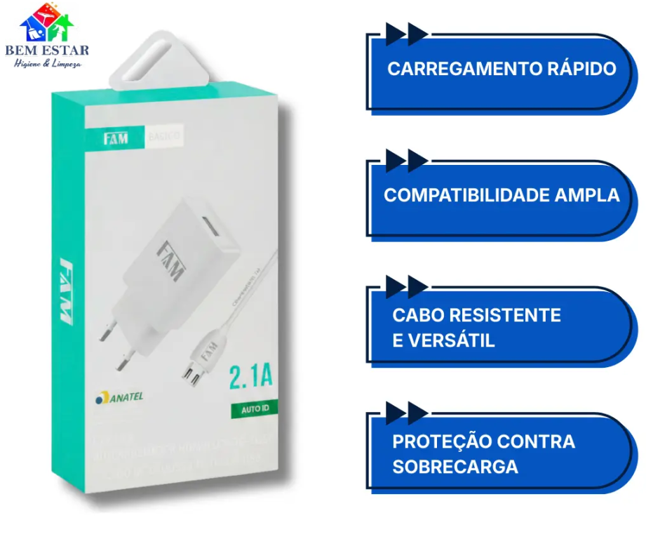 Kit Carregador USB 2.1A FKT1108 V8 - Fam