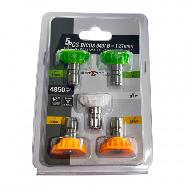 Jogo 5 Bicos 040 (diâmetro 1.21mm) 2 Verdes 25º , 2 Amarelo 15º , 1 Branco 40º- Sigma Tools