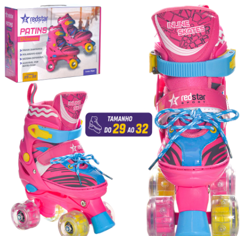 PATINS FEMININO AJUSTAVEL COM FREIO E LUZ TAMANHO 29-32