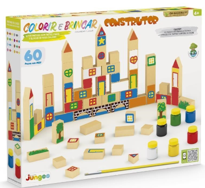 BLOCOS DE MADEIRA CONSTRUTOR COLORIR E BRINCAR COM TINTA GUACHE 60PÇS