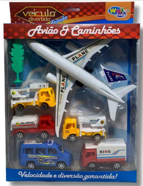 Kit Avião Fricção Com Caminhões Airport Coleção Utilitarios