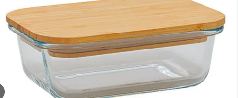 Pote de Vidro Hermetico Retangular Com Tampa Bambu 630ml