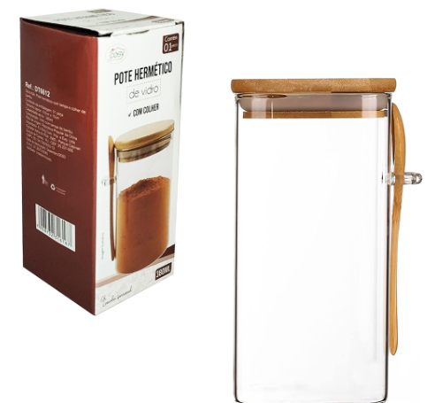 Porta Condimento de Vidro 380ml Colher de Bambu