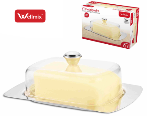 MANTEIGUEIRA DE INOX COM TAMPA PLASTICA