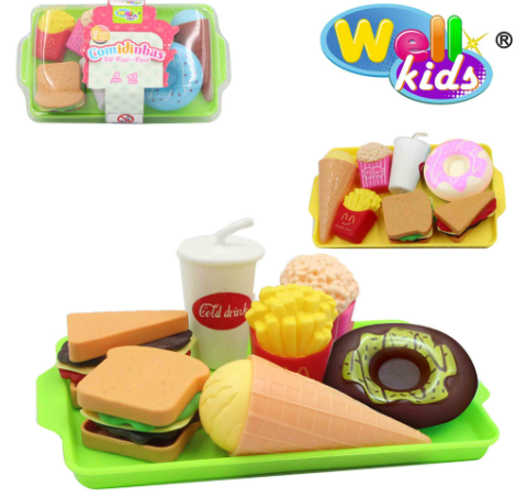 KIT COZINHA INFANTIL COM LANCHE SANDUICHE BANDEJA E ACESSORIOS KIT FAST FOOD 8 PEÇAS