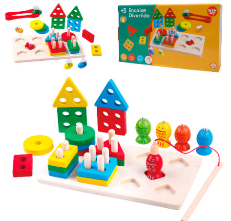 BRINQUEDO PRANCHA FORMAS GEOMETRICAS DIDATICO MONTA E DESMONTA DE MADEIRA 23 PEÇAS 22X13CM