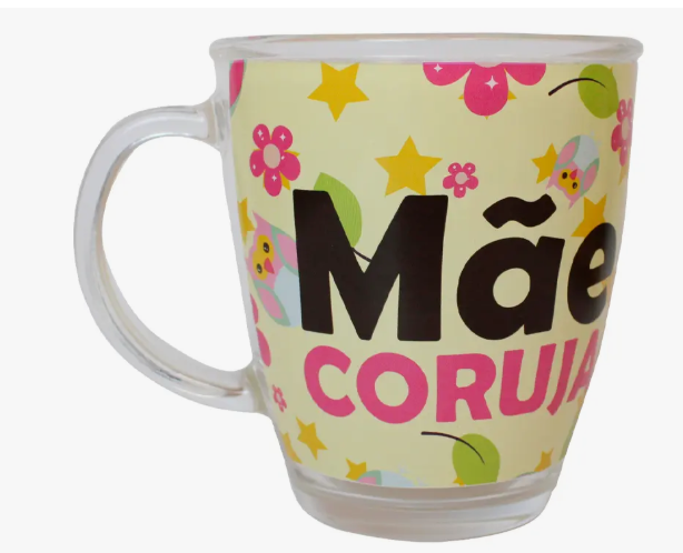 CANECA DE VIDRO PERSONALIZADA MÃE CORUJA 380ML NA CAIXA