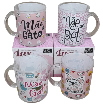 CANECA DE VIDRO PERSONALIZADA MÃE DE PET 330ML NA CAIXA
