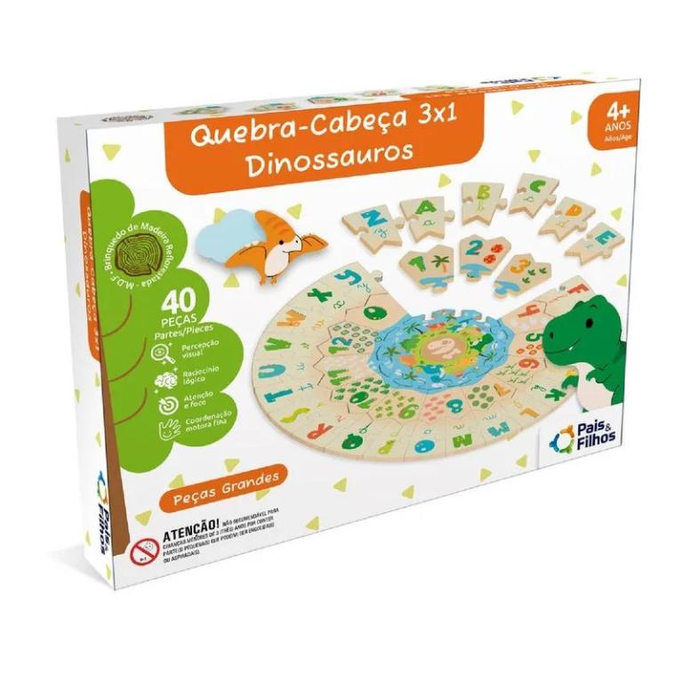 JOGO QUEBRA-CABECA 3X1 DINOSSAUROS - MADEIRA UNICA