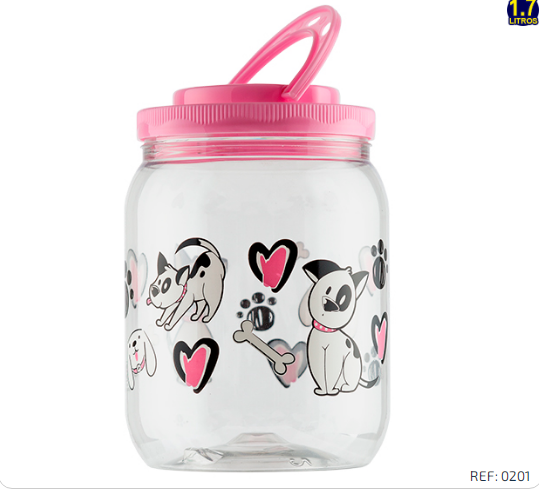 POTE PLASTICO MANTIMENTO DECORADO DOG ROSA 1.700 ML TAMPA COM ALÇA