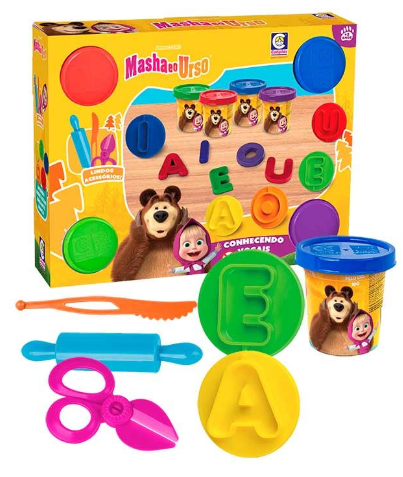 KIT MASHA E O URSO CONHECENDO VOGAIS COM MASSINHA E MOLDES