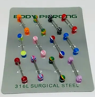PIERCING DE LINGUA COLORIDO 19mm CARTELA COM 12