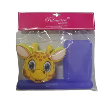 KIT BANHO INFANTIL GIRAFINHA - SABONETEIRA+PORTA-ESCOVA+BUCHA