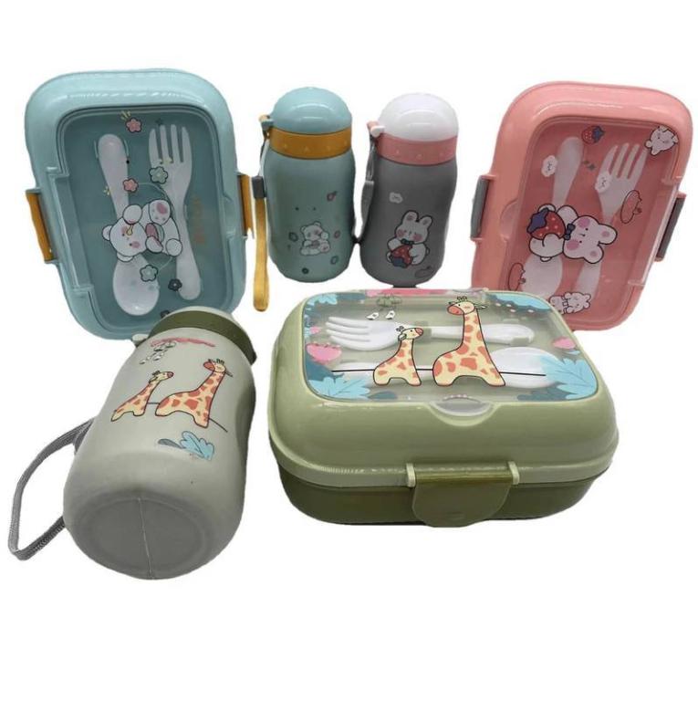 Lancheira Pote Porta Marmita De Plástico Com Divisória + Garrafa De Água Com Canudo
