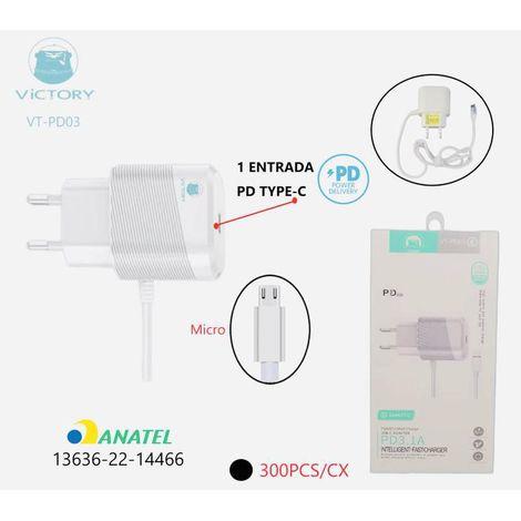 CARREGADOR RÁPIDO 3.1A MICRO-V8 + ENTRADA PD TYPE-C VICTORY