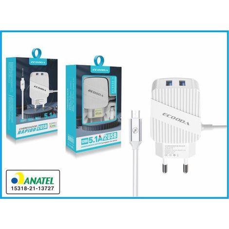 Carregador De Celular Rápido 5.1 MICRO-V8 2USB ECOODA