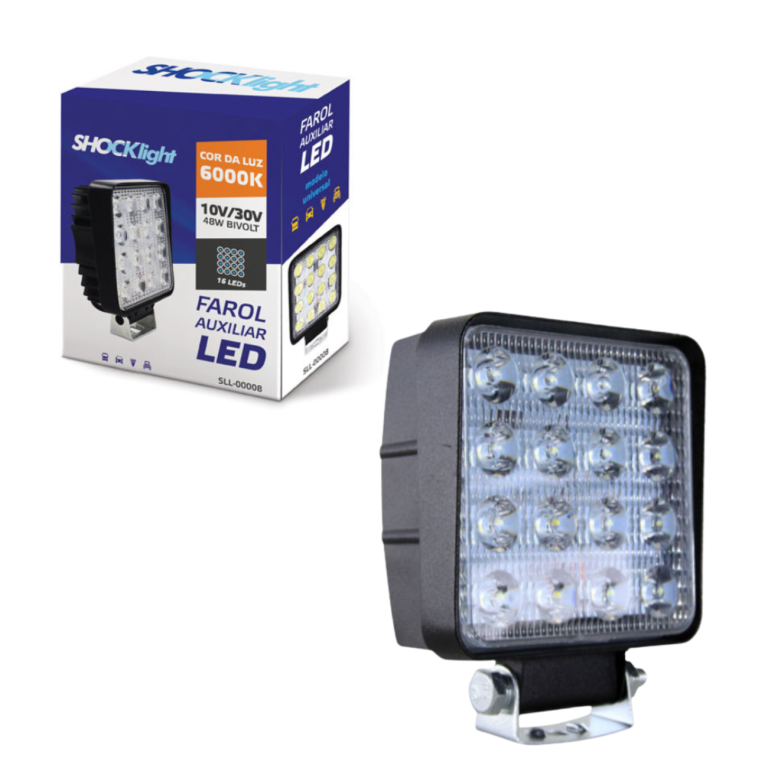 FAROL AUX. 16 LEDS QUADRADO GROSSO UNIVERSAL 6000K 10/30V 4200LM