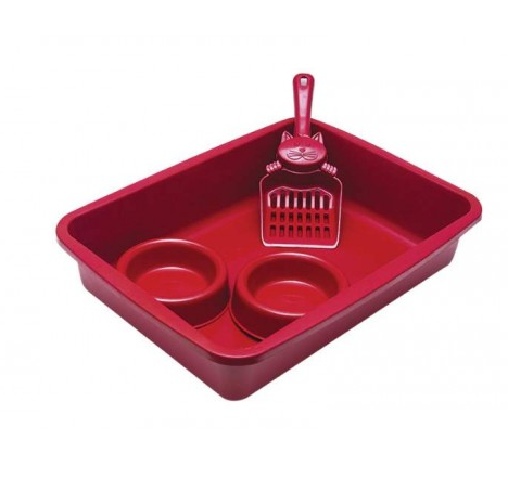 KIT BANDEJA GATO PA E COMEDOURO VERMELHO (2645)- *stillpet