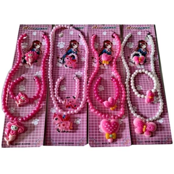 Kit 12 Peças Colar Pulseira Anel Infantil Presente Pérola