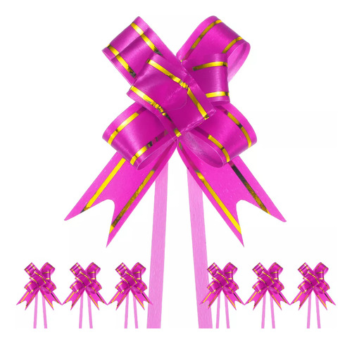 100 Laços Pronto Fácil Mágico P 11mmx205m Fita P/ Presente Rosa Com Fios Dourados Lisa