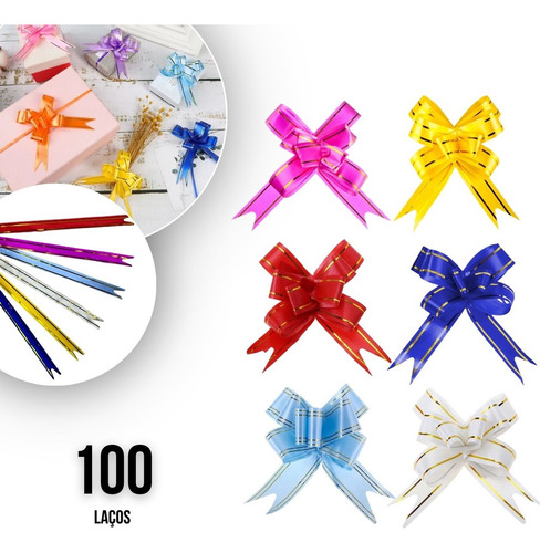 100 Laços Pronto Fácil Mágico P 11mmx205m Fita P/ Presente Branco Com Fios Dourados Liso
