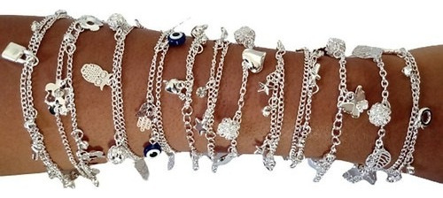 Pulseira Feminina Banhado Prata  Bijouteria Atacado 12 Peças Prata 5 Cm 18 Cm