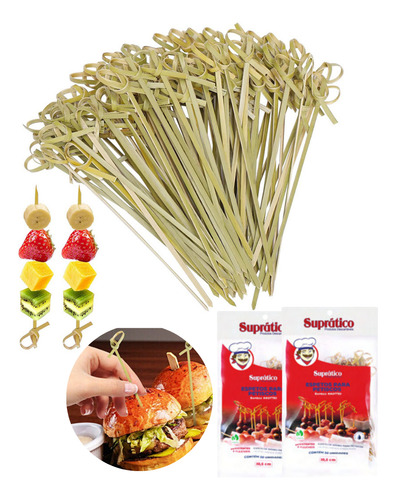 300 Palito Petisco Aperitivo Bambu Decorativo 10 Cm Nozinho Natural Bambu