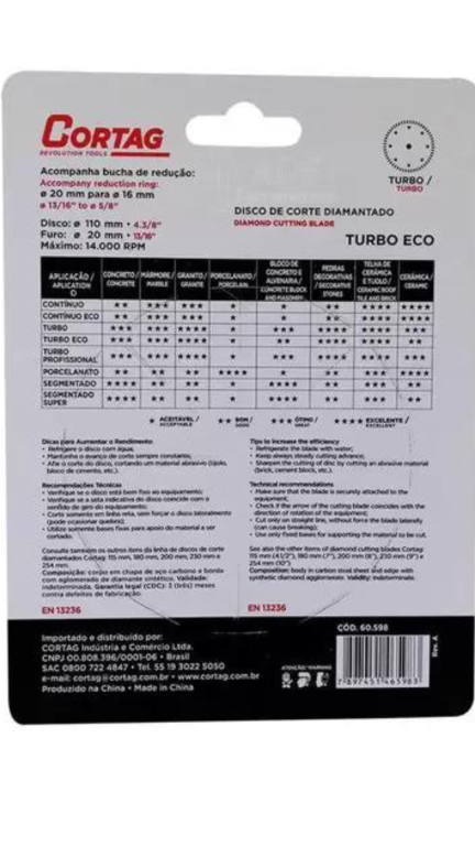 DISCO CORTE DIAMANTADO TURBO 4" CORTAG*