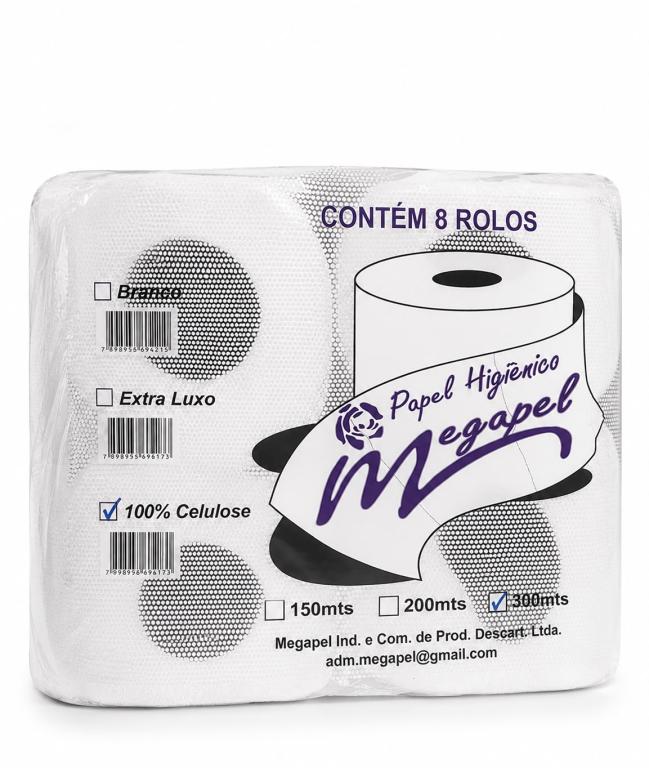 PAPEL 8 ROLOS 300mt HIGIÊNICO 100% CELULOSE MEGAPEL