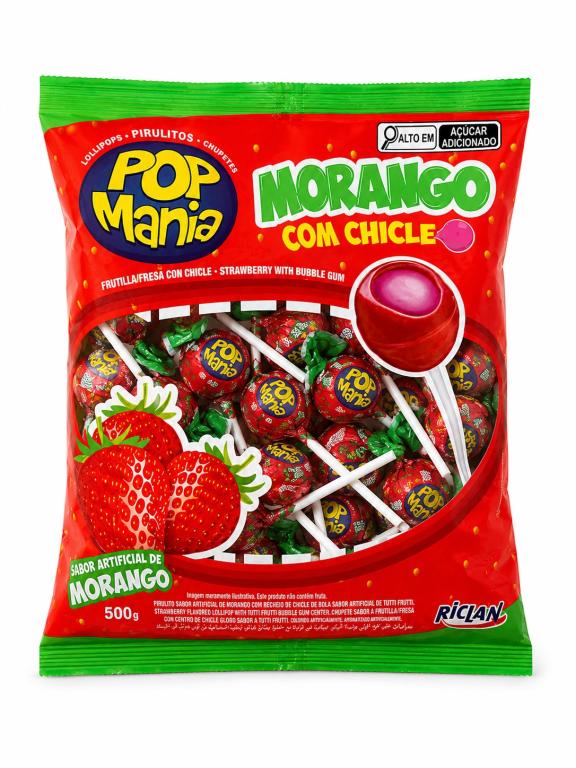 PIRULITO 1x 500g SABOR MORANGO COM CHICLETE POP MANIA RICLAN