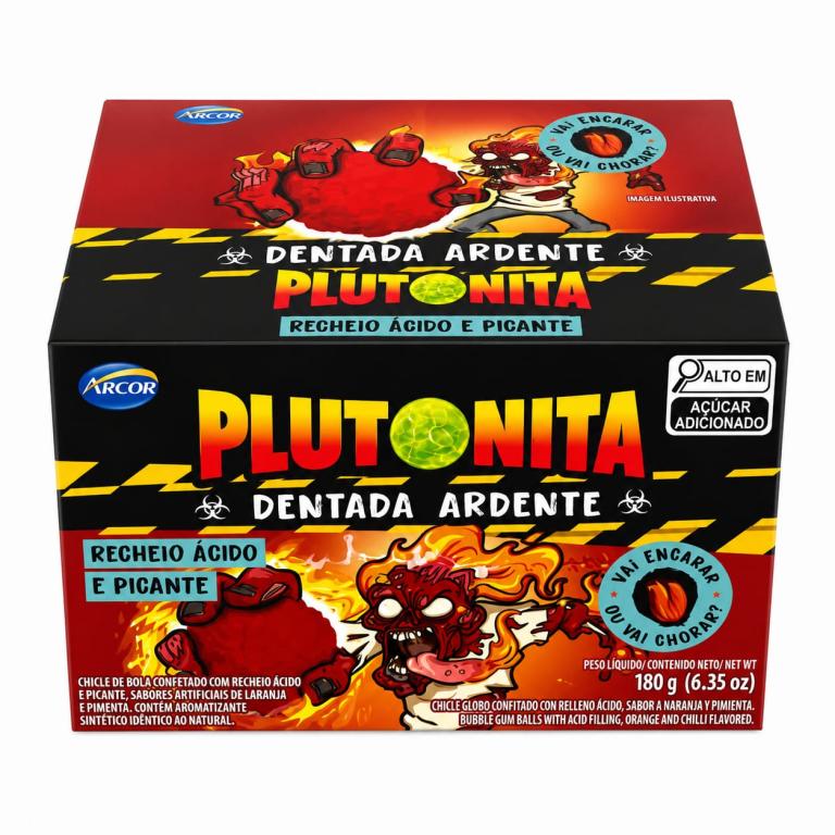 CHICLETE 2x 40un 180g DE BOLA SABOR LARANJA E PIMENTA VERMELHA DENTADA ARDENTE PLUTONITA