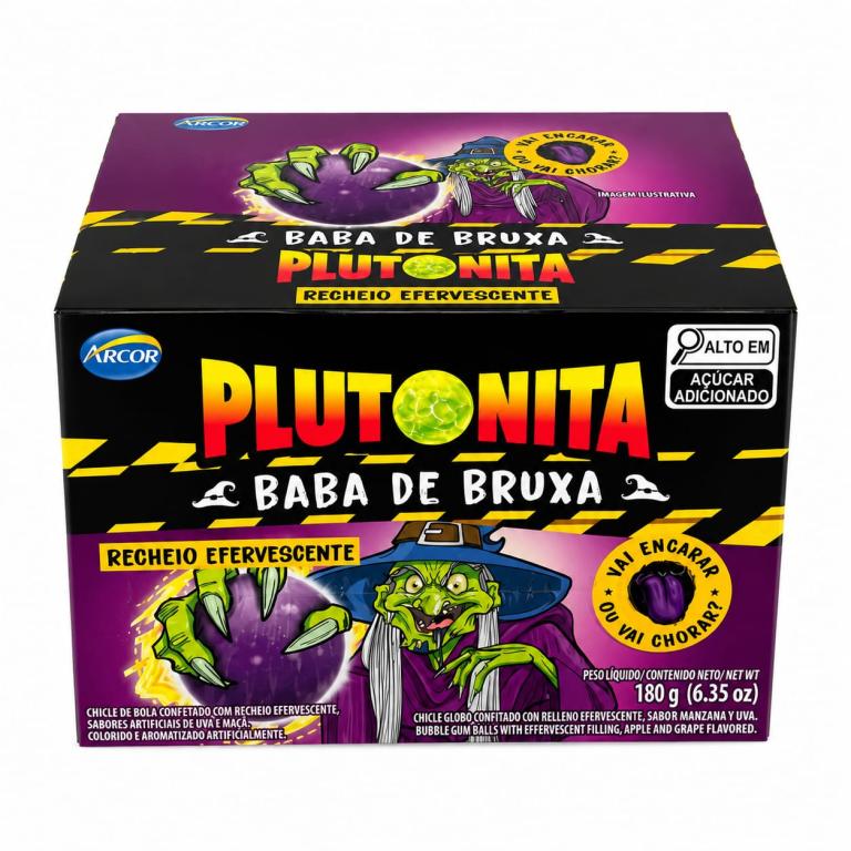 CHICLETE 2x 40un 180g DE BOLA SABOR UVA E MAÇÃ BABA DE BRUXA PLUTONITA