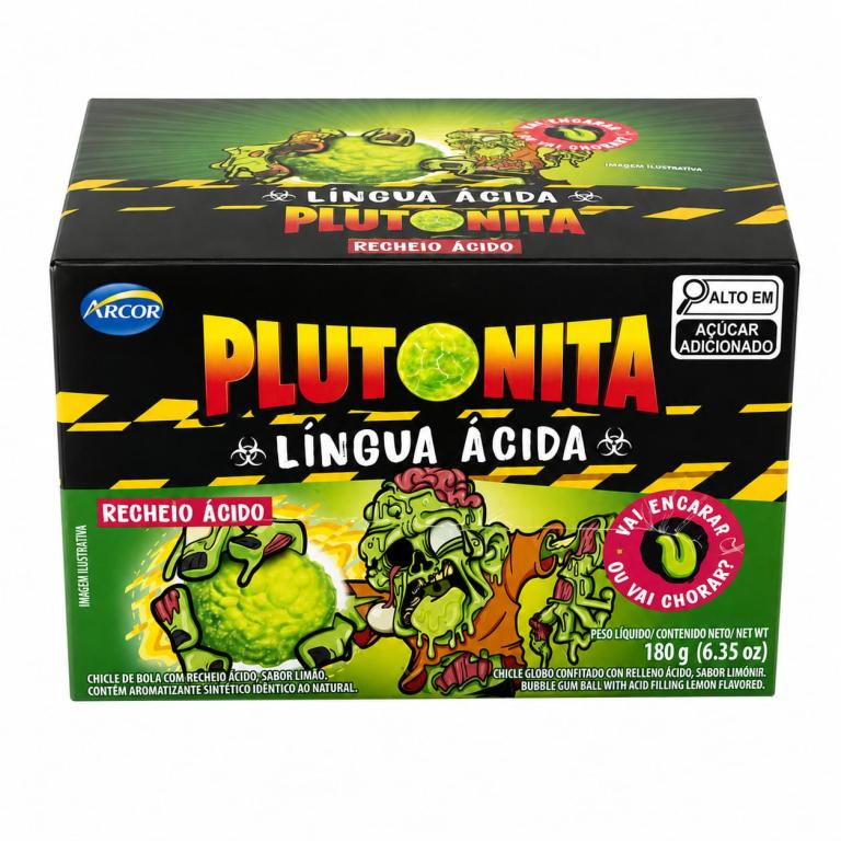 CHICLETE 1x 40un 180g DE BOLA SABOR LIMÃO LÍGUA ÁCIDA PLUTONITA