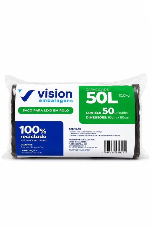 SACO 1x 50un 50 LITROS EM ROLO PRETO PARA LIXO VISION