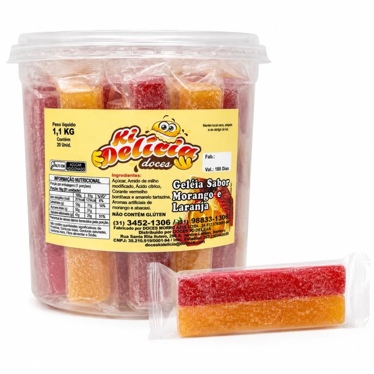 DOCE 1x 20un 1,1kg DE GELÉIA SABOR MORANGO E LARANJA KI DELICIA