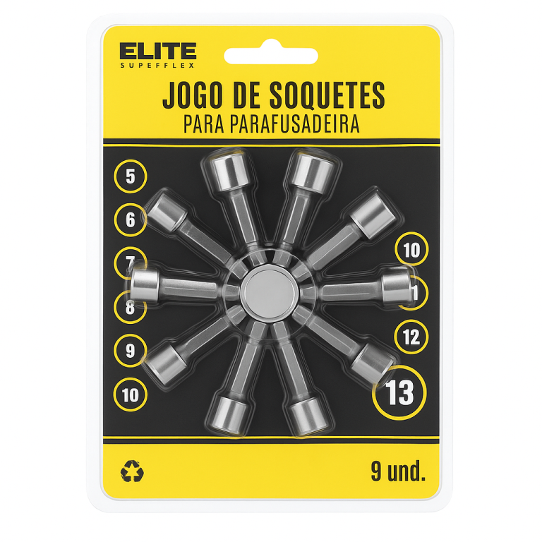 Jogo de Soquetes para Parafusadeira 9 Peças Elite Superflex – Tamanhos 5 a 13 mm
