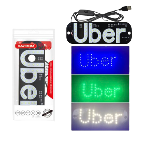 Placa Plaquinha Uber Para Carro Led Letreiro Motorista De Aplicativo - Luz Azul Branco Verde KAPBOM