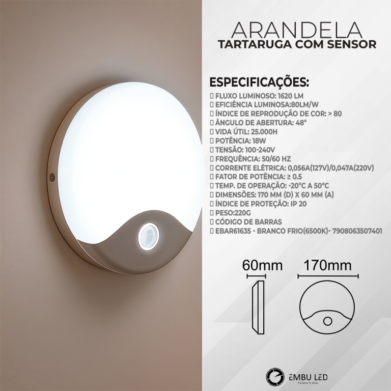 ARANDELA COM SENSOR 18W 6500K